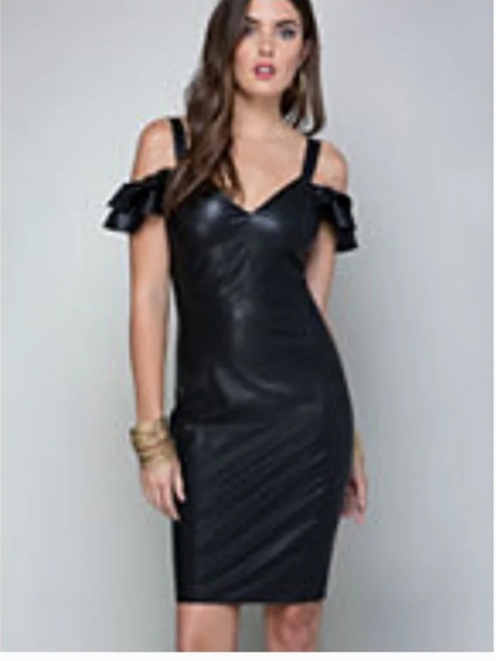 Bebe Black ruffle Off-Shoulder Faux Leather Dress